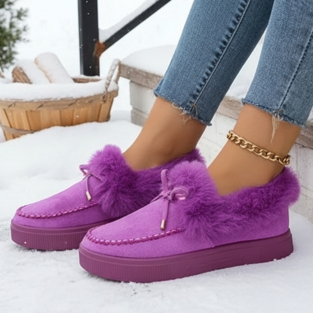 Bow Top Plush Faux Fur Loafers Slip-On Moccasin Soft Flat Outdoor House Shoes
